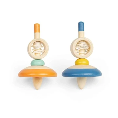 Image of Bigjigs Toys Pull String Spinning Tops (Dark Blue &amp; Orange) 2pcs Wooden Spinners, Retro Pocket Money Gifts For Girls Boys, Kids Party Bag Fillers, Age 3 Years Old +
