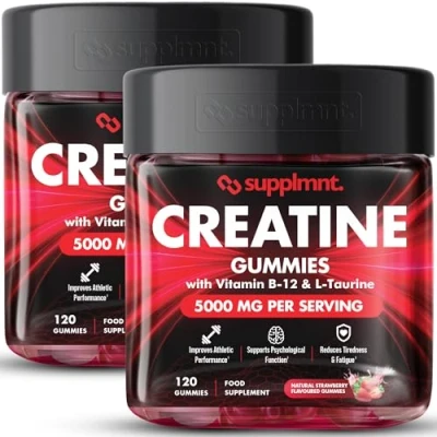 Image of Creatine 120 Gummies Max 5000mg for Men &amp; Women Monohydrate Plus B12 and L Taurine Chewable Gummies, 2 x 1 Month Supply (Dual Pack, Strawberry Strawberry)