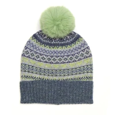 Image of Pom Peace of Mind Blue and Sage Fair Isle Bobble Hat for Women Ladies Knit Winter Beanie Outdoor Cold Weather