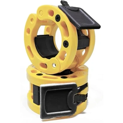 Image of Clout Fitness Olympic Barbell Clamps Collars Quick Release Pair Weight Clips for 2 inch (Yellow w/Black Lever)