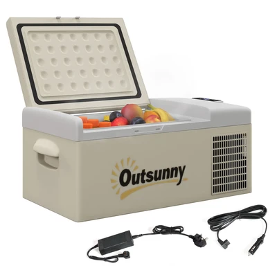 Image of Outsunny 16L Car Refrigerator, Portable Compressor Camping Fridge Freezer with ECO/MAX Modes, 12/24V DC and 100 240V AC for Car, RV Use, Down to 20℃, Khaki
