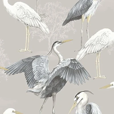 Image of Elegant Homes Heron Birds The Design Library Wallpaper Grey Taupe White Natural
