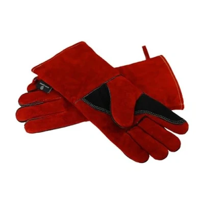 Image of OLSON DEEPAK Leather Heavy Duty Heat Resistant Safety Gauntlet Gloves,Used for Welding,Fireplace,Oven,Woodburner,Stoves,BBQ,1pair (Red, 14inch)