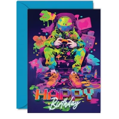 Image of Birthday Cards for Women Men Video Gamer Game Happy Card Son Daughter Brother Sister Uncle Auntie Friend, 5x7 Inch Bday Greeting