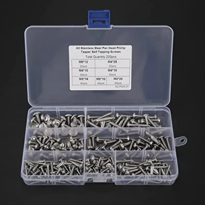 Image of Stainless Self Tapping Screws, 220pcs Pan Head Cross Tapper Screws M3 M4 M5 304 Steel Set with Box Assortment Kit