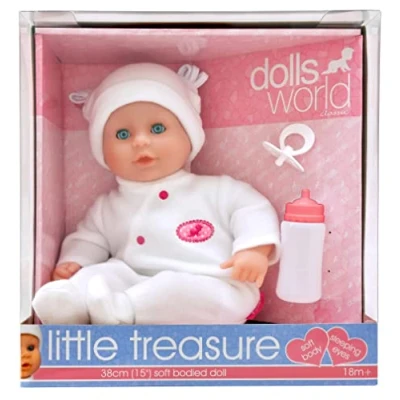 Image of DOLLSWORLD CLASSIC from Peterkin Little Treasure 38cm doll with sleeping eyes, bottle and dummy cute white outfit Dolls &amp; Accessories Ages 18m+