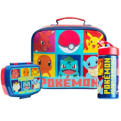 Image of Pokemon Kids Insulated Lunch Bag, Box and Bottle, 3 Piece Set Anime Gifts (Red/Blue)
