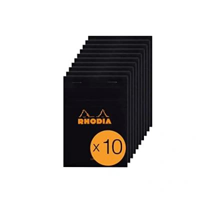 Image of RHODIA 136009C Stapled Notepad N13 Black A6 Lined 80 Detachable Sheets White Clairefontaine Paper g/m² Coated Card Cover Pack of 10 pads
