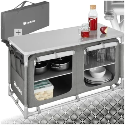 Image of TecTake® Portable Camping Kitchen &amp; Cupboard 4 Shelves, 3 External Pockets, Worktop, Zipped Doors Shelving Unit Outdoor Storage Cabinet Compact, Lightweight Includes Carry Bag Grey