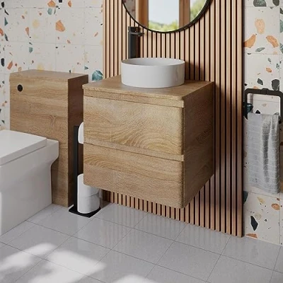 Image of Affine® 600mm Vanity Unit Bathroom Wall Mounted Storage Cabinet Cupboard Cloakroom, Soft Close Drawers, Lyon White Countertop Basin Sink, Oak Effect