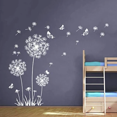 Image of Runtoo Giant Dandelion Wall Decals Flying Flowers Butterflies Stickers Plants Art Living Room Bedroom Decor [White]