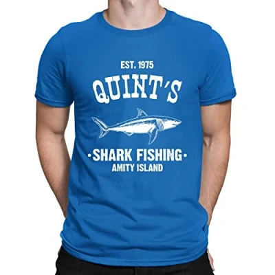 Image of Mens Quints Fishing Shark Jaws Inspired Amity Cult Movie T Shirt Royal Blue (XXL)
