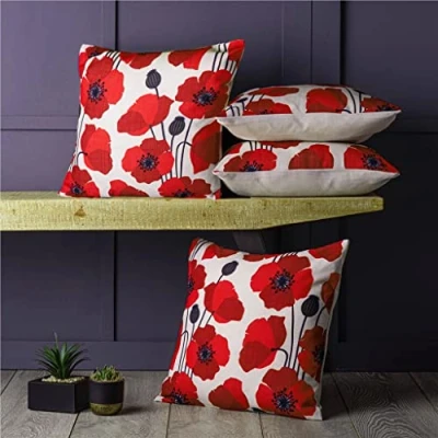Image of Cushion Covers 4 Pack Scandi Poppy in Red Cream Floral Poppies Design 18 inch 45 cm Square