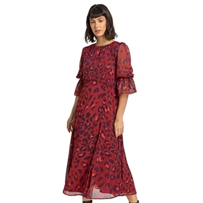 Image of Roman Originals Women Animal Print Chiffon Midi Dress Ladies Spring Everyday Summer Evening Vacation Work Holiday 3/4 Sleeve Smart Casual Rust Size 10