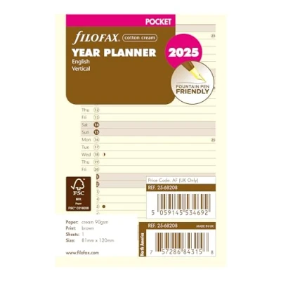 Image of Filofax Calendar Diary Refill, Pocket Size, Vertical Year Planner, Cotton Cream Paper, English, 2025 (C68208 25)