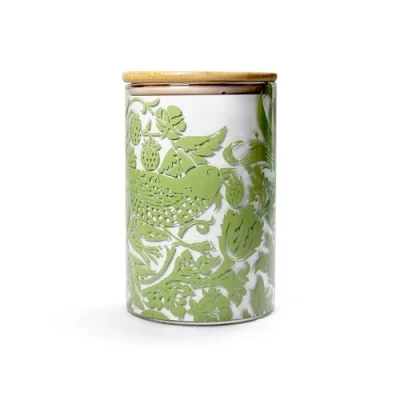 Image of Half Moon Bay Strawberry Thief by William Morris Sage Green 32 Ounce Glass Food Storage Jar Container with Compressed Bamboo Lid