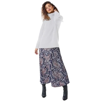 Image of Roman Womens Paisley Print Elastic Waist Midi Skirt Navy Viscose Size 20 UK