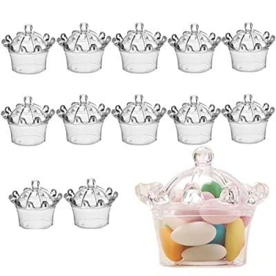 Image of 12Pcs Party Candy Favor Boxes, Plastic Crown Shape Treat Box Cookie Decorative Gift for Wedding Baby Shower Birthday(Transparent)