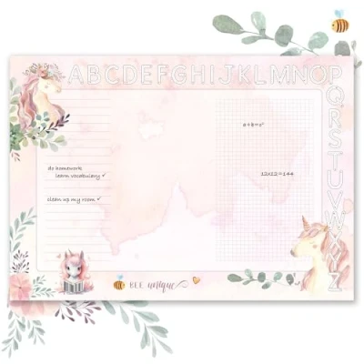 Image of TOBJA DIN A3 Desk Pad for Girls Cute Unicorn Design, Thick 90 g/m² Paper, with ABC Strip Colouring Perfect School Paper 25 Sheets