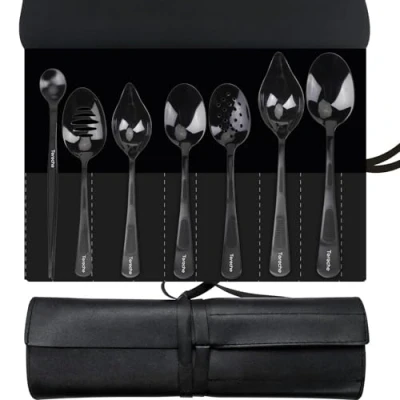Image of CREATIVECHEF Set of 7 Kitchen Spoons Chef Plating Tools Culinary Kit, Specialty Stainless Steel Serving Set, Professional Secret, Black