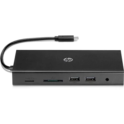 Image of HP Travel USB C Multi Port Hub, Pass Through Charging, 1 Gbps RJ45 Ethernet Port, Simultaneous HDMI and VGA Connections, Multiple USB, SD, Micro SD Ports Black