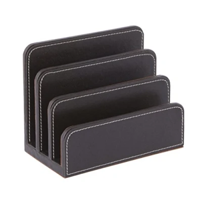 Image of OSCO Brown Faux Leather Letter Holder Mail Sorter Post Rack Envelope Organiser Document Stand Desk File Storage Display Slots H14 x W17.5 D10 cm