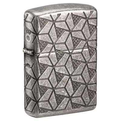 Image of ZIPPO Armor Case Silver Plate Geometric Pattern 60006120 8 Sided Deep Engraved Lighter Petrol