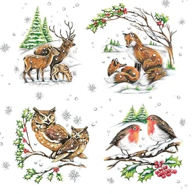 Image of 3 Ply Xmas Decoupage Tissue Paper Napkins Decorative Christmas Serviettes 33cm x Pack of 20 (Winter Animals)