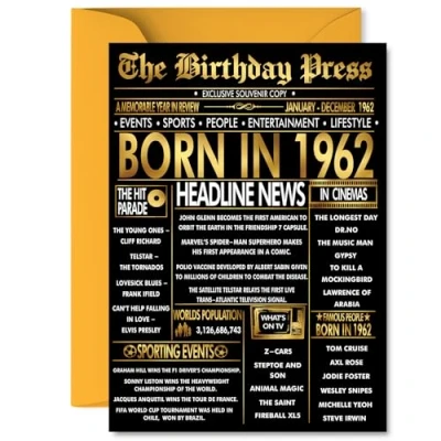 Image of Gold 63rd Birthday Card for Men Women Black &amp; Golden Newspaper Born in 1962 Happy 63 Cards Uncle Grandad Neighbour Friend Nanny Brother, 5x7 Inch Bday Greeting