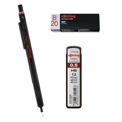 Image of rOtring 500 Mechanical Pencil 0.5mm Black Barrel Tikky Lead Refills, HB (12 Leads) Eraser B20