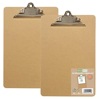 Image of eco A4 Masonite Strong Clipboard with Heavy Duty Metal Clip, Pack of 2, eco119x2