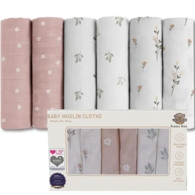 Image of Bubba Bear Muslin Cloths for Baby, 6 Pack of Bamboo &amp; Organic Cotton Muslins Squares 70x70cm, Large Burp Cloth Babies, Cute Newborn Essentials Baby Boy Girl (Floral)