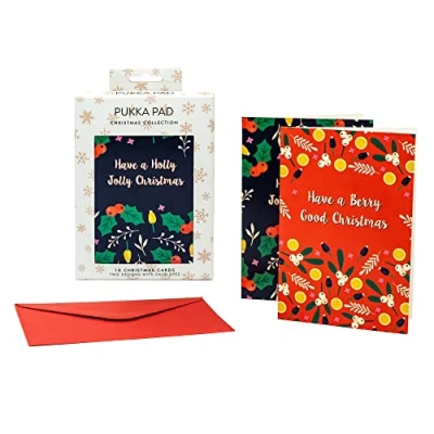 Image of Pukka Pad A6 Christmas Cards in Holly and Mistletoe Pack of 10 2 Designs with Red Envelopes Blank Inside for Personal Message Plastic Free, Fully Recyclable Packaging