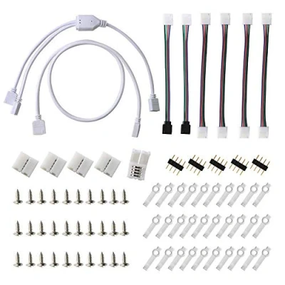 Image of RUNCCI YUN 5050 4 Pin RGB LED Light Strip Connector Kit 2 Way Splitter Cable,10mm PBC Jumper Connectors, Extension Cable, Clips, Gapless Connectors