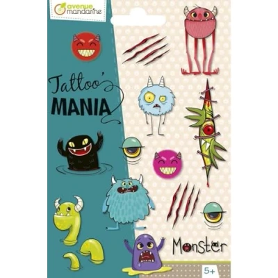 Image of Avenue Mandarine Ref CC053C Tattoo Mania Temporary Tattoos Monster Designs 1 Sheet of 10 Tattoos, Water Erasable, Dermatologically Tested, Suitable for Ages 5+