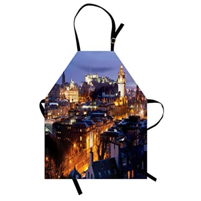Image of ABAKUHAUS Scotland Apron, Edinburgh Skylines at Dusk, Unisex Kitchen Bib Apron with Adjustable Neck for Cooking Baking Gardening, Multicolor
