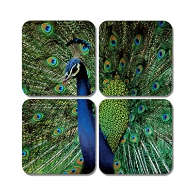 Image of 4 x Square Colourful Peacock Coasters Animals Bird Feather Jigsaw Gift #78335