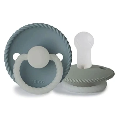 Image of FRIGG Rope Night Silicone Pacifier Pack of 2 Soother Dummy Glow BPA Free Made in Denmark Symmetrical Cherry Shaped Nipple (Stone Blue Night/Sage (6 18 Months))