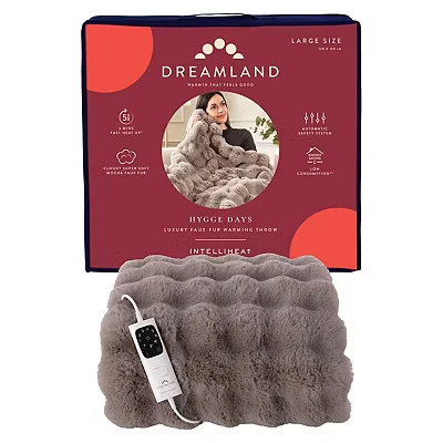 Image of Dreamland Hygge Days Electric Throw Mocha, Cloudy Supersoft Faux Fur, 5 Min Fast Heat Up, 1 Control, 6 Temperature Settings, 1/3/9 Hour Auto Timer, Machine Washable and Tumble Dry Safe, 120x160cm