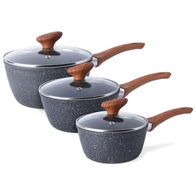 Image of Non Stick Saucepan Set Induction with Lid 3pcs Marble Sauce Pan 16cm, 18cm, 20cm Saucepot by Nuovva