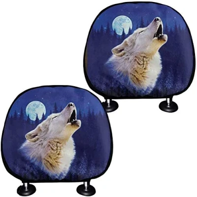 Image of SEANATIVE Car Front Seat Headrest Covers Set of 2Packs Animal Wolf&amp;Full Moon Design Automotive Interior Accessories Head Rest Cushion