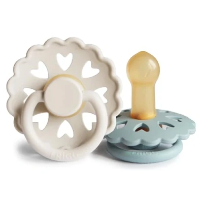 Image of FRIGG Fairytale Latex Pacifier Pack of 2 Natural Rubber Soother Dummy BPA Free Made in Denmark Symmetrical Cherry Shaped Nipple (Cream/Stone Blue, Size (6 18 Months))