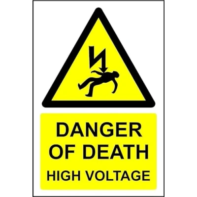 Image of Danger of death High Voltage electricity safety sign Self adhesive sticker 200mm x 150mm Case (Pack 20)