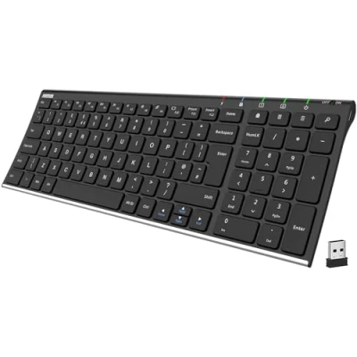 Image of Arteck 2.4G Wireless Keyboard Stainless Steel Ultra Slim UK Layout with Numeric Keypad for Computer/Desktop/PC/Laptop/Surface/Smart TV and Windows 10/8/ 7 Built in Rechargeable Battery