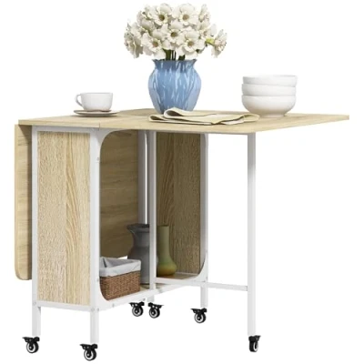 Image of HOMCOM Mobile Drop Leaf Table Folding Kitchen Extendable Dining For Small Spaces With 6 Wheels &amp; Storage Shelf Natural Wood Finish