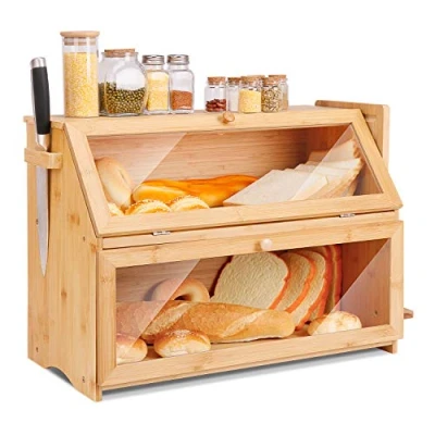 Image of Leader Accessories Double Decker Bamboo Bread Bin 2 Layer Box Large Capacity Storage for Kitchen 19.7&quot;x9.8&quot;x14.5&quot;