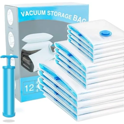 Image of Vacuum Storage Bags, 12 Pack (4 Jumbo, 4 Large, Medium) Reusable Space Saver Bags Compression Zipper with Airtight Valve and Hand Pump for Clothes, Duvets,Travel