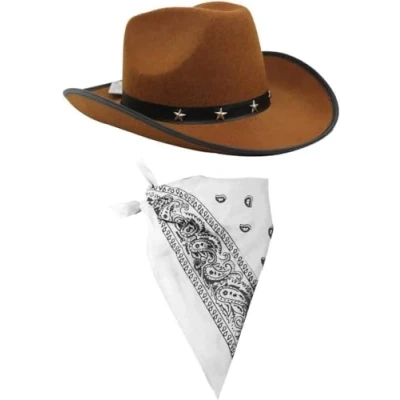 Image of ILOVEFANCYDRESS COWBOY FANCY DRESS ACCESSORY SET COSTUME BROWN STAR STUDDED HAT &amp; COLOURED WHITE PAISLEY BANDANA WILD WEST WESTERN SHERIFF BANDANNA (WHITE PACK OF 1)