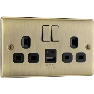 Image of BG Nexus Metal Antique Brass, 13A Double Switched Socket with USB A + C 12W, Black Inserts