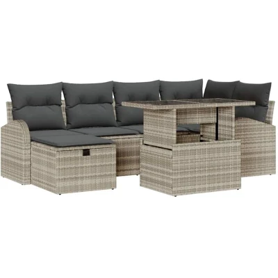 Image of vidaXL 7 Piece Garden Sofa Set with Cushions Light Grey Poly Rattan